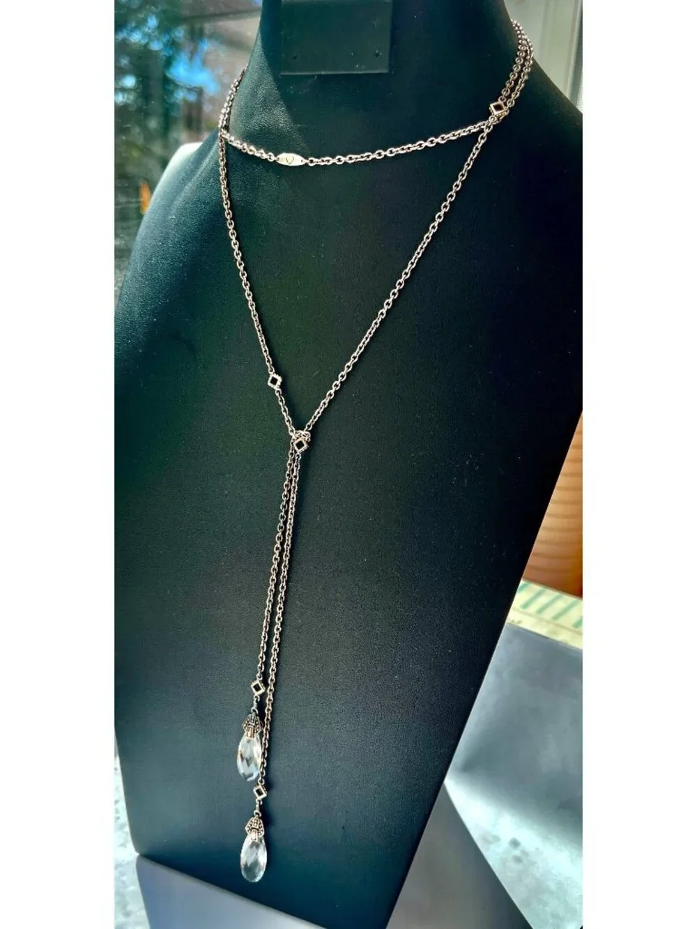 Lagos 750 & Sterling Silver Lariat Necklace With Clear Briolette Stones & Checke